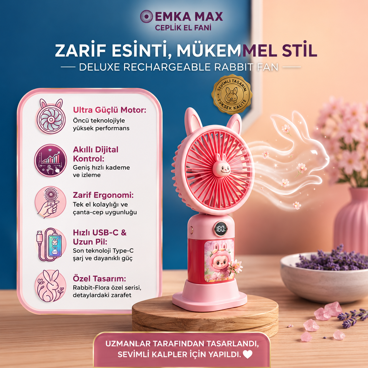 Mopira Labubu Şarjlı El ve Masaüstü Fanı